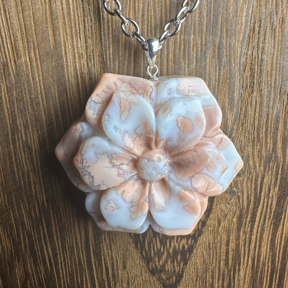 Pink Agate (“Cotton Candy Agate”) Flower Pendant on Stainless Steel Chain - Picture 9 of 14